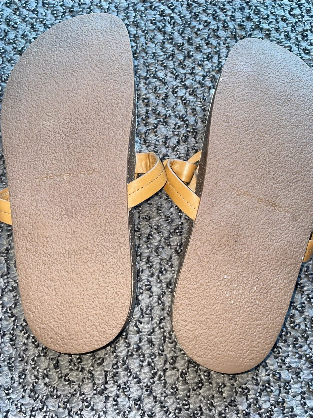 Tory Burch Tan Leather Logo Shearling Slide Sandals with Cream Footbed